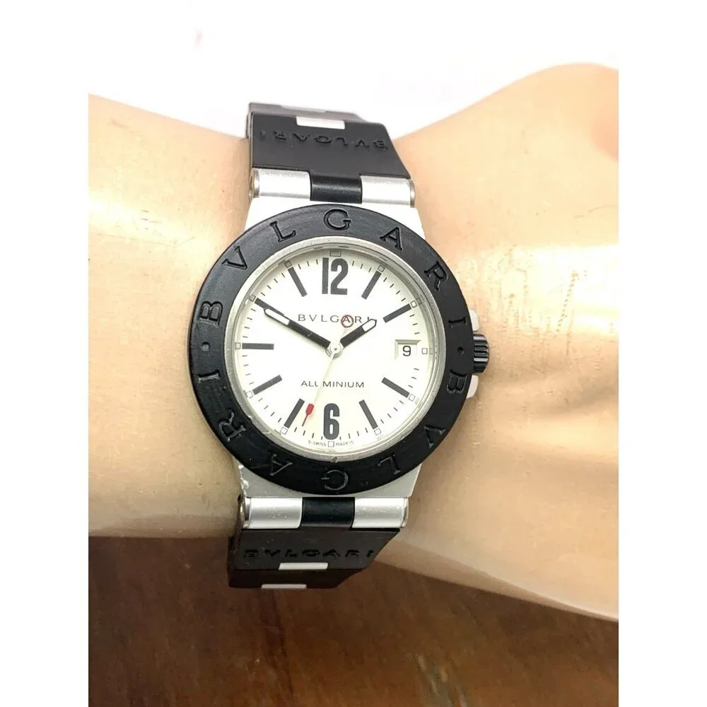 Bvlgari Men's Watch AL38A Aluminum Swiss Automatic Silver Dial Black Rubber 38mm